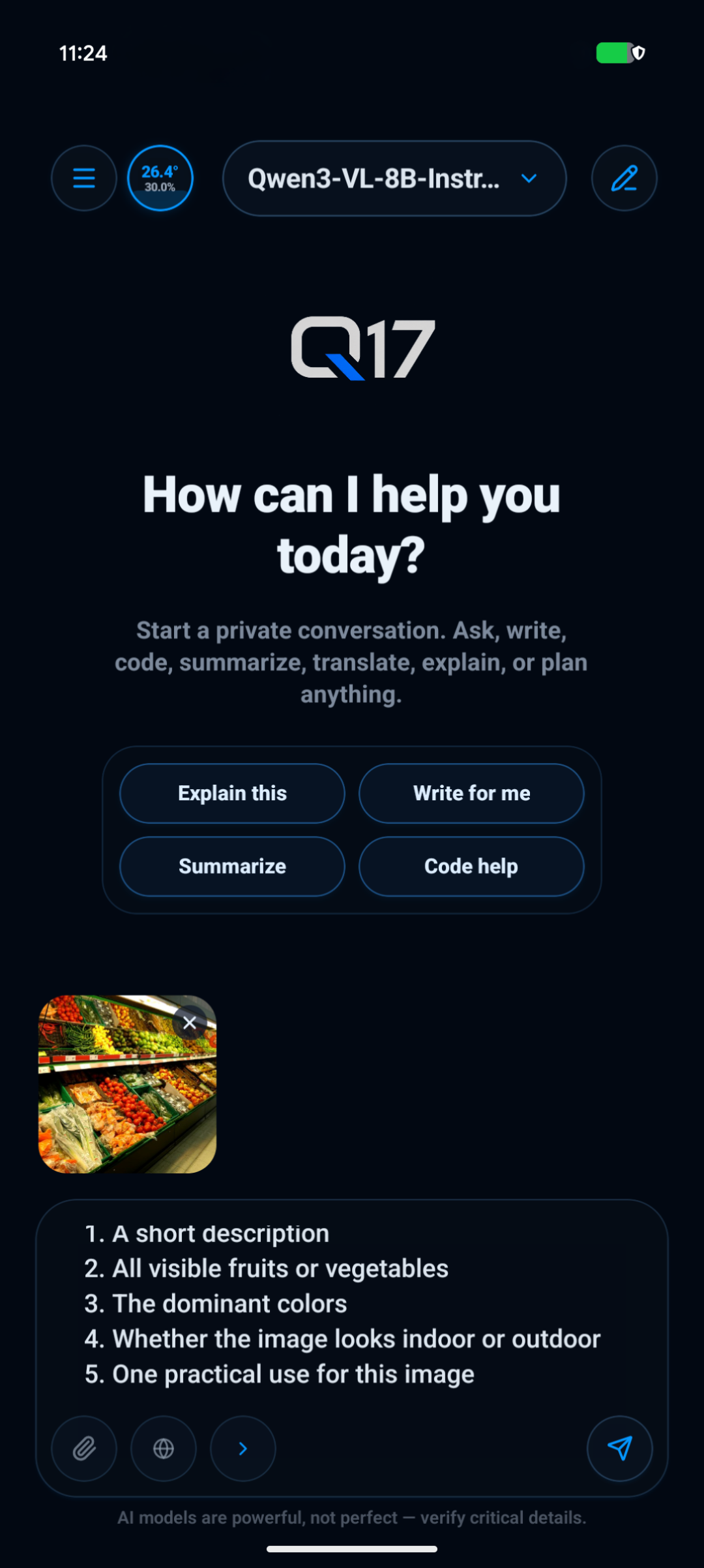 Q17 Private AI image attachment input screenshot on Pixel 9