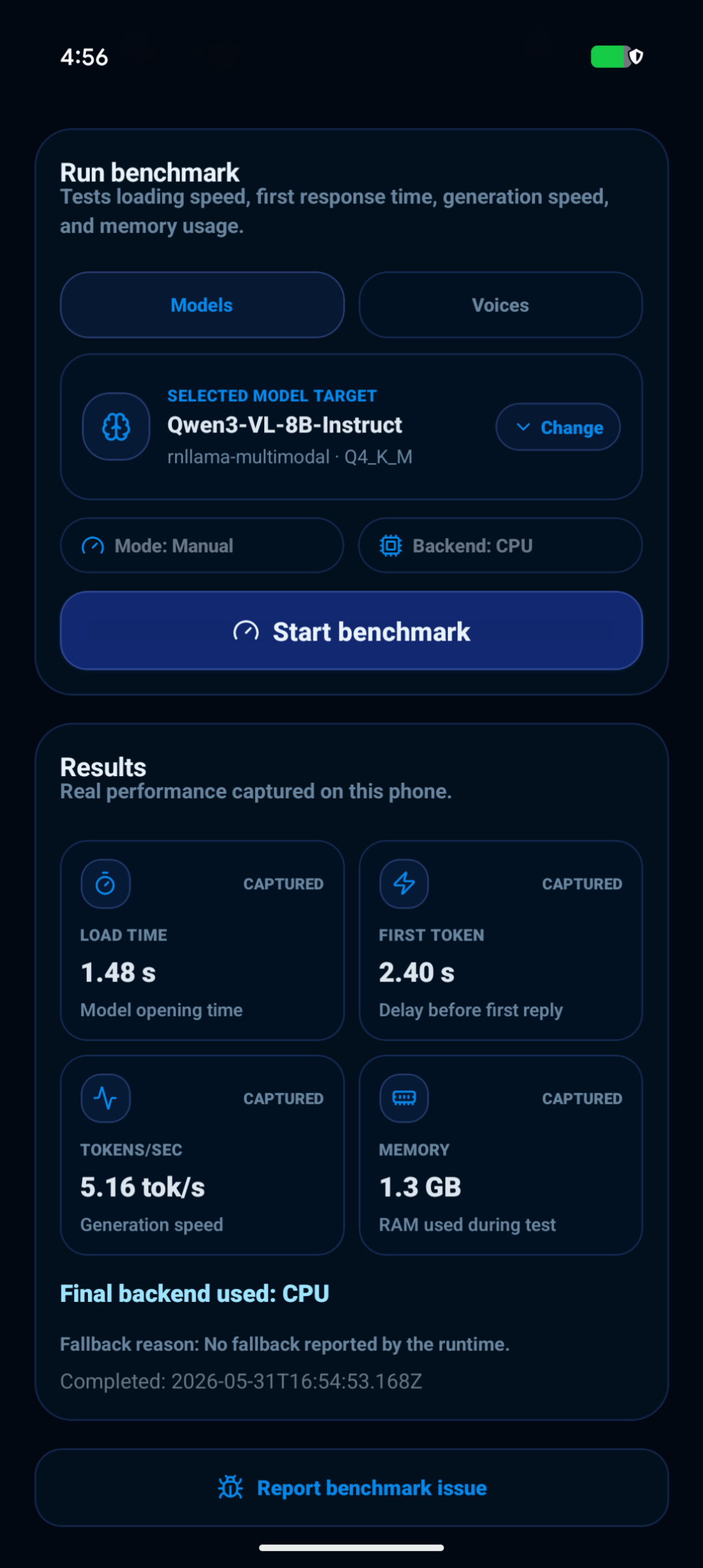 Pixel 10 Pro — Qwen3 VL CPU benchmark screenshot