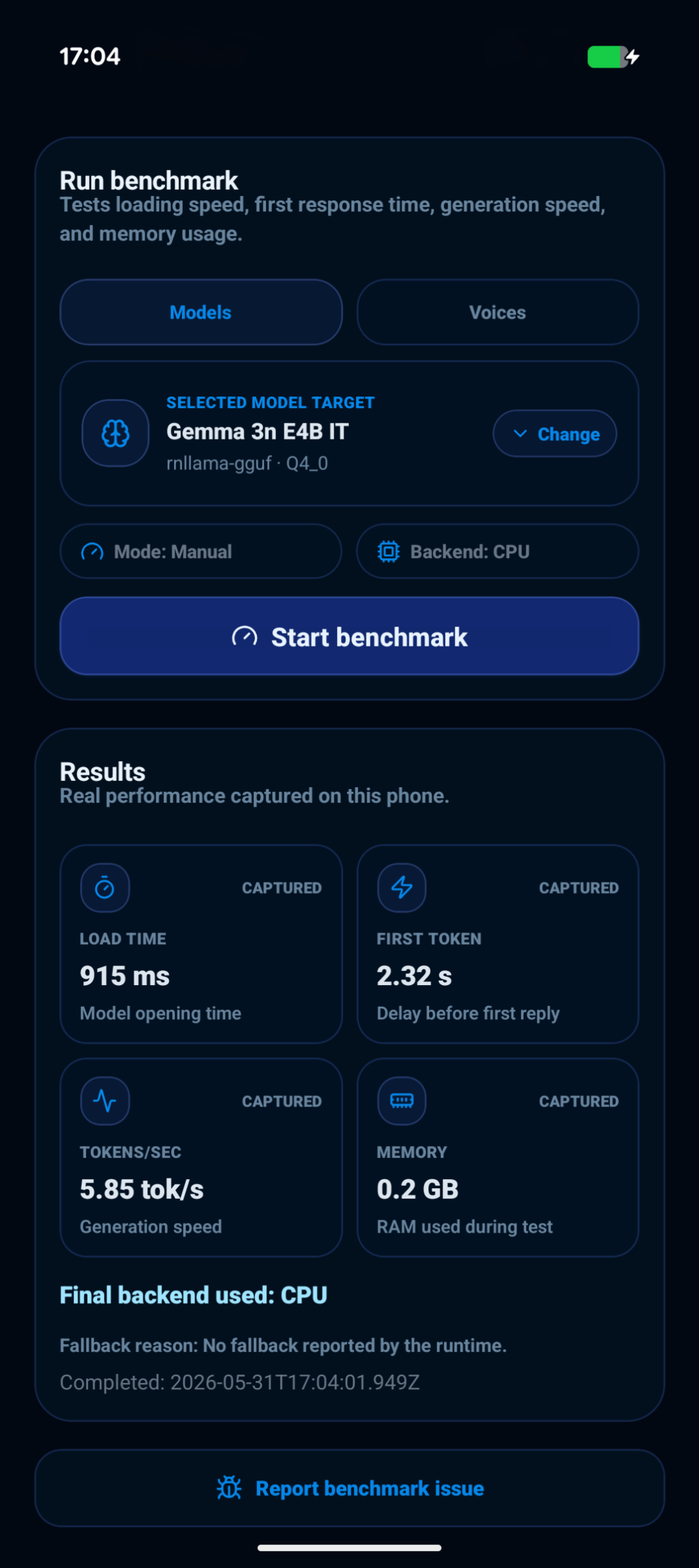 Pixel 9 — Gemma 3n CPU benchmark screenshot